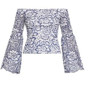 BCBGMaxqzria ice blue lace Kamryn Peplum top size 0